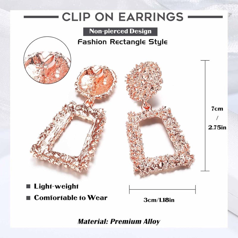 Jstyle Gold Statement Clip On Earrings for Women, Big Rectangle Geometric Dangle Clip Earrings Fashion Large Gold Silver Hot Pink Drop Earrings for Women Non Pierced - Image 4
